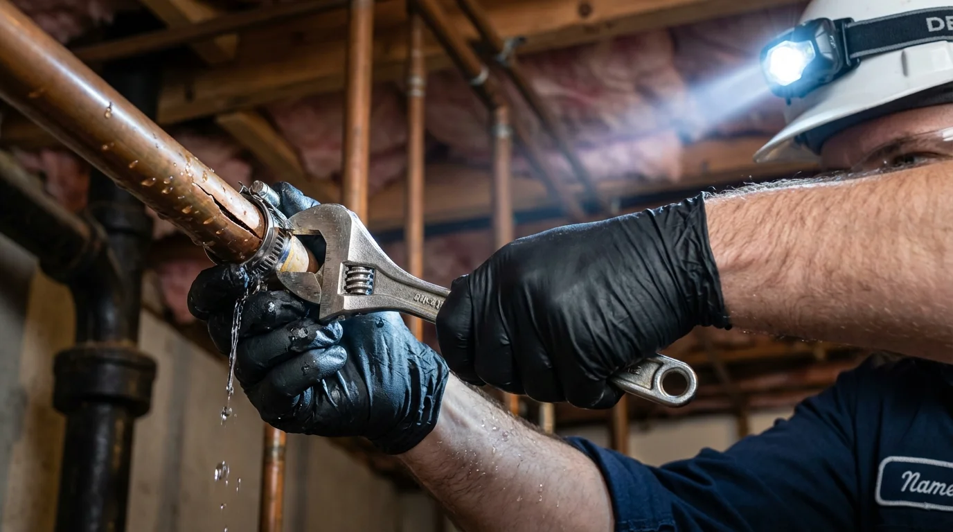 Emergency pipe clamp repair being performed by a Johns Plumbing LLC plumber in Haskell