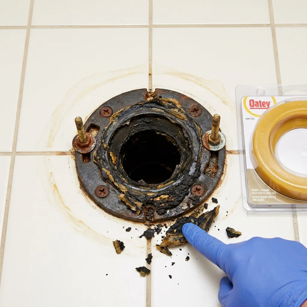 Failed wax ring showing water seepage at the base of a toilet in a Haskell, OK home