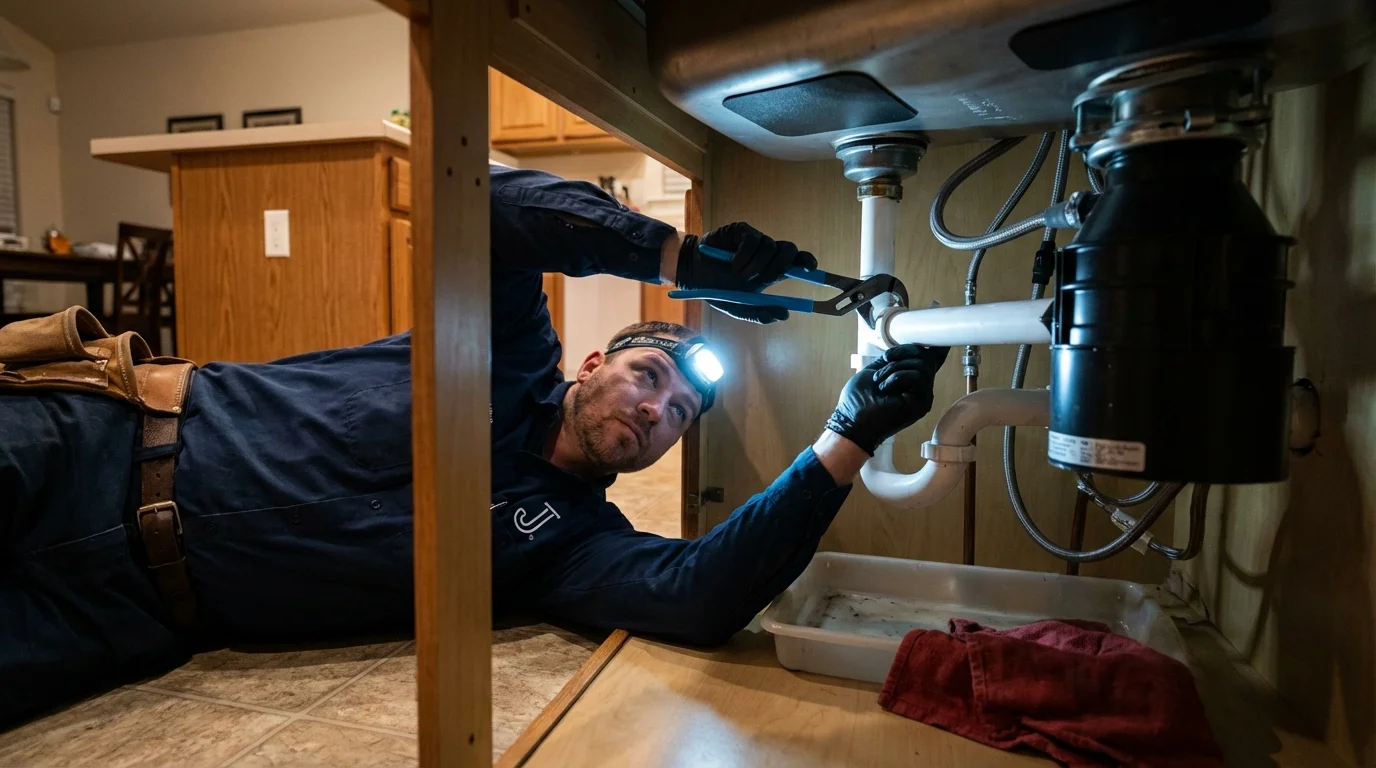 P-trap and supply line connections under a kitchen sink showing a common leak point in Haskell, OK